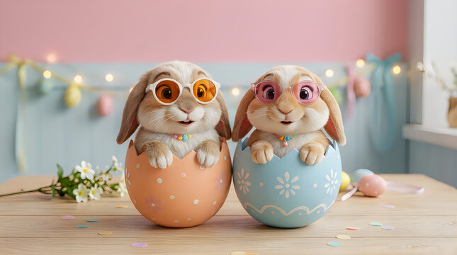 Two adorable baby bunnies inside colorful Easter eggs with glasses