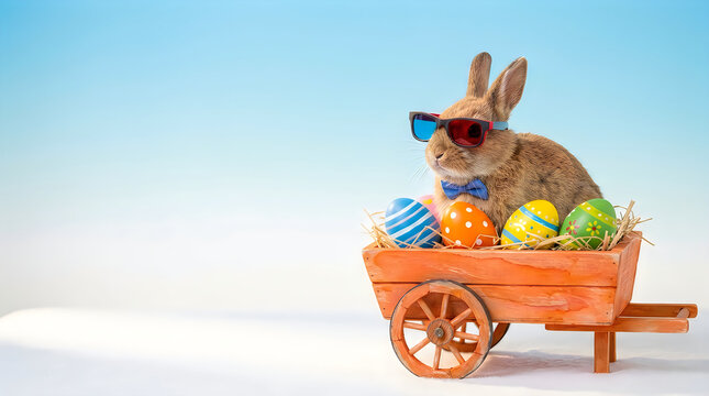 Cute bunny wearing 3D glasses sitting in wooden cart with Easter eggs