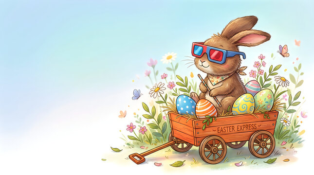 Cute cartoon Easter bunny with sunglasses driving a wooden wagon cart