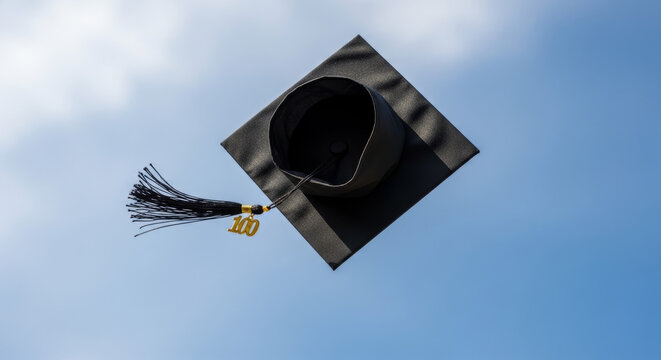 Graduation cap flying joyfully in celebration against a clear blue sky with copy space