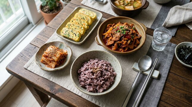 Authentic Korean home-cooked meal featuring Heukmi-bap purple rice, Jeyuk-bokkeum spicy pork, Gyeran-mari rolled omelet, and Kimchi. Healthy traditional cuisine on a rustic wooden table.