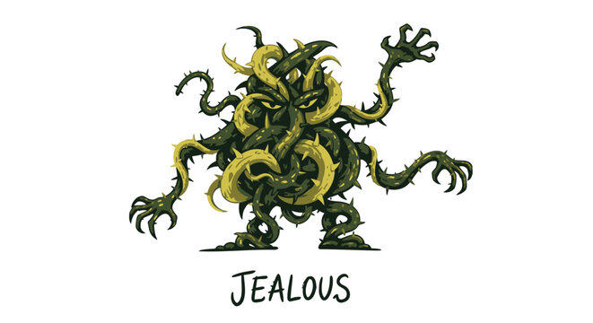 Emotion Monster, Jealous Vector, Green Yellow Illustration, Cartoon Character Design
