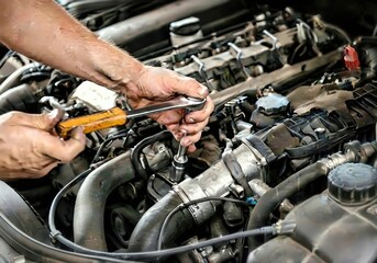 Obraz premium A mechanic utilizes a wrench to tighten a bolt inside a car engine, showcasing the importance of automotive repair and vehicle maintenance