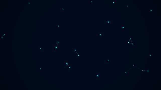 Abstract particles floating and connecting in dark blue space