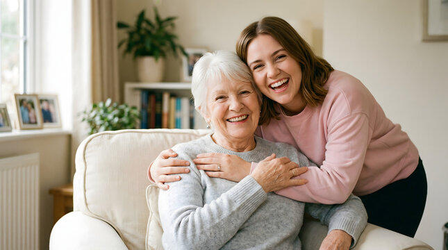 Smiling senior woman and adult granddaughter hugging and sharing a happy moment at home, embodying generational connection and love