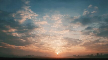 Obraz premium Peaceful Sunrise Over a Serene Horizon with Soft Clouds and Golden Sunlight in the Early Morning Sky