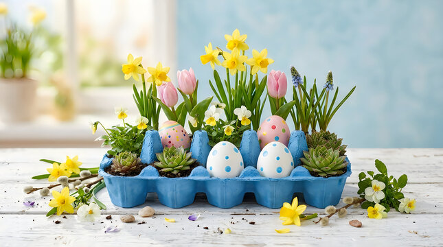 Easter eggs in blue egg carton with spring flowers and succulents