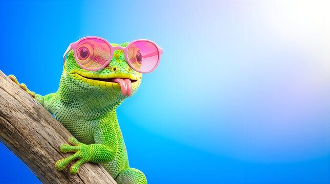 Green gecko wearing pink sunglasses perched on a tree branch
