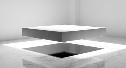 Fototapeta premium Minimalist square floating podium on marble floor in bright white architectural space with geometric shadows.