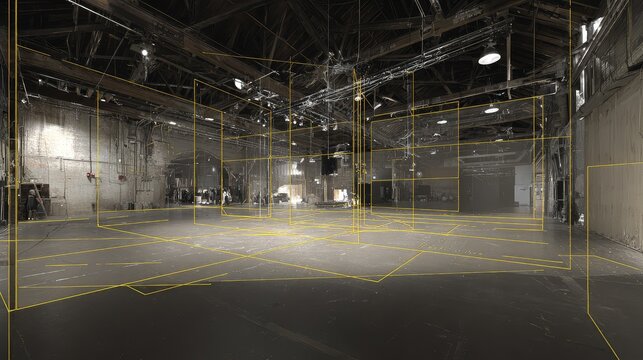 Industrial warehouse interior transformed with yellow wireframe grid and ar overlays, visualizing architectural planning, 3d reconstruction and futuristic design concepts in empty studio space