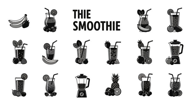 Illustrated depiction of varied smoothie creations with fruits and a blender presentation