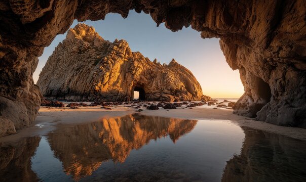 A picturesque cave entrance framing a rocky islet reflecting in a calm pool. Dawn's golden light
