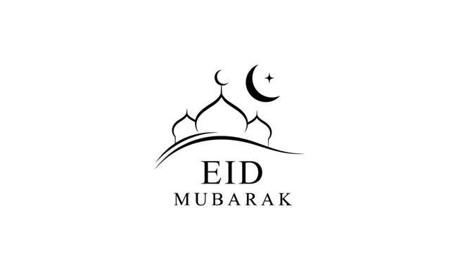 Eid Mubarak greeting card design with mosque silhouette, crescent moon, and star. Islamic holiday celebration background.