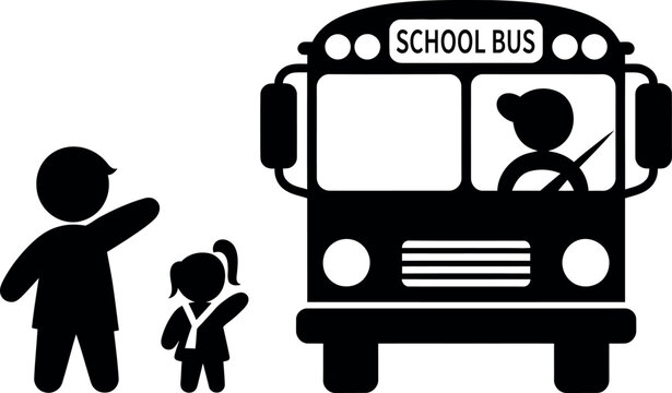 Child waving goodbye to a school bus with another child