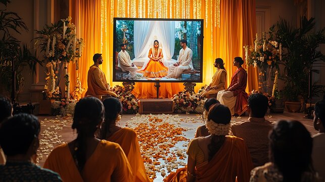 People gather indoors watching a screen displaying a wedding ceremony with floral decorations
