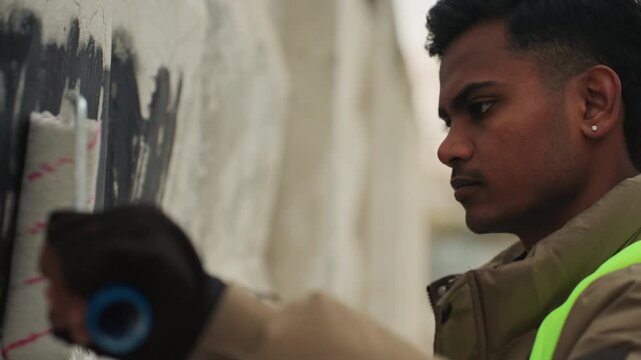 South asian man concentrating on wall repair with small roller, closeup profile shows focused expression reflective vest, gloved hand smoothing paint, urban restoration scene with detailed surface