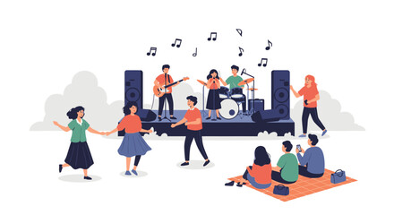 Fototapeta premium People enjoy music and dance at an outdoor festival with a band