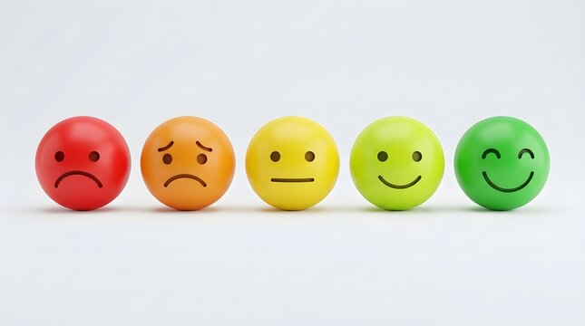 Row of colorful emoji faces showing emotions from sad to happy representing mood spectrum mental health feelings expression concept on clean background
