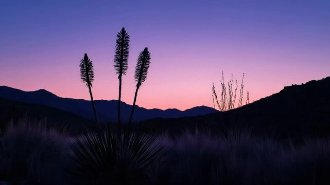 Desert plants stand tall against a colorful sky in the early evening light at sunset in a mountainous area
