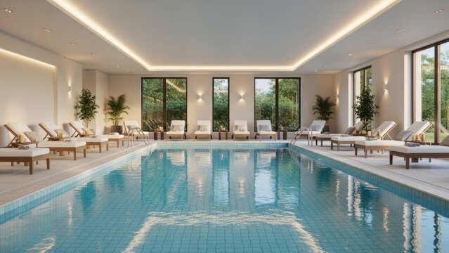 A serene indoor pool area with lounge chairs and large windows