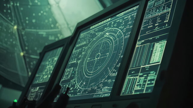Control panel screens showing data, tracking information, and a circular radar display, offering a view into advanced surveillance and monitoring technology