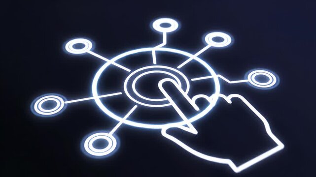 A glowing white hand icon with radiating connections against a dark background symbolizes interconnectedness, digital networks, and user interaction.