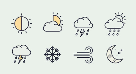 Obraz premium Weather forecast icons set sun moon clouds rain snow wind