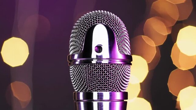 Microphone with colorful bokeh lights in background. Music, karaoke, and luxury concept.