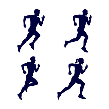 Red running silhouettes set of male and female athletes, Active runners jogging and sprinting red vector icons, Fitness marathon runners silhouette collection for sport, Dynamic people jogging and exe