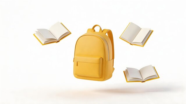 Yellow backpack with floating books