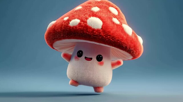 Cute mushroom character dances in playful way in colorful background during bright animated setting