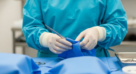 Obraz premium Clinician Preparing Sterile Instruments in a Surgical Setting for Medical Blogs, Healthcare Websites, Surgical Education, and Operating Room Awareness