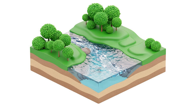 3D Isometric Cutaway of a River Ecosystem with Trees and Soil Layers