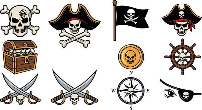 Pirate Symbols and Icons Set with Skull, Crossbones, Flag, Compass, Sword, and Treasure Chest for Adventure and Fantasy Graphics