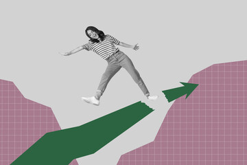 Naklejka premium Collage of person jumping over broken arrow symbolizing risk business failure success or career challenge overcoming