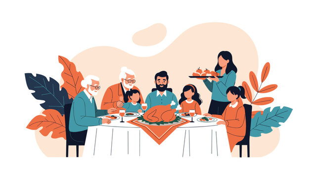 Large multi generational family gathers around a dining table to enjoy a traditional roast turkey dinner for a celebration.