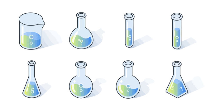 Illustrated chemical glassware in a cartoon style for scientific research and experiments no comma