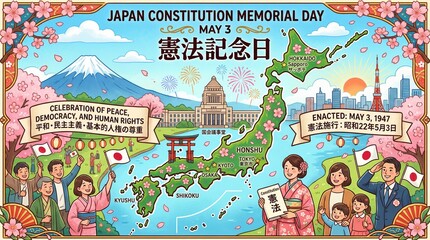 Illustrated map of japan celebrating constitution memorial day with iconic
