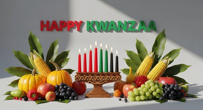 Happy kwanzaa celebration with fruits and candles on table indoors
