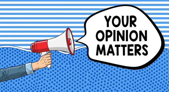 Comic-style illustration of a megaphone and speech bubble with the words your opinion matters