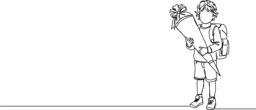 continuous line drawing of young boy holding typical German school cone at first day at school, line art vector illustration