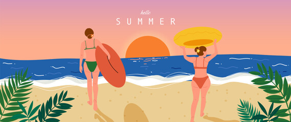 Obraz premium Summer beach vector background with two women carrying surfboards at sunset. Tropical seaside illustration with ocean waves, sandy shore and colorful vacation scene for posters and banners.