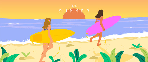 Obraz premium Summer beach vector background with two women carrying surfboards at sunset. Tropical seaside illustration with ocean waves, sandy shore and colorful vacation scene for posters and banners.