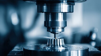 Fototapeta premium Computer numerical control milling machine manufacturing a complex metal part with high precision, representing modern industrial technology processes and engineering