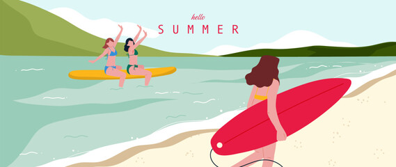 Obraz premium Summer beach vector background with women surfers and colorful surfboards on tropical seaside. Sunny ocean vacation illustration with sandy shore, calm waves and coastal landscape.
