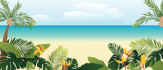 Obraz premium Summer tropical beach background vector with coconut palm trees, exotic leaves, flowers, turquoise sea and sandy shore. Suitable for travel banner, resort poster and vacation design.