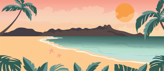 Obraz premium Summer beach sunset background vector with tropical palm trees, ocean waves and sandy shore. Colorful seaside landscape illustration for travel poster, banner and seasonal design.