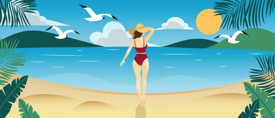 Obraz premium Summer tropical beach vector background with woman in red swimsuit, blue sea, flying seagulls, palm leaves and sunny island landscape. Suitable for travel poster, banner and vacation design.