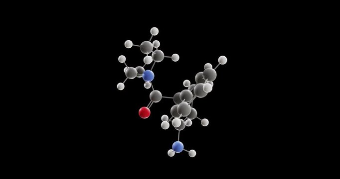 Milnacipran molecule, rotating 3D model of serotonin-norepinephrine reuptake inhibitor, looped video on a black background