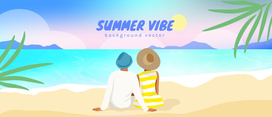 Obraz premium Summer beach background vector with couple sitting on sandy shore and tropical ocean view. Colorful seaside vacation illustration with turquoise sea, pastel sky, palm leaves and relaxing holiday scene